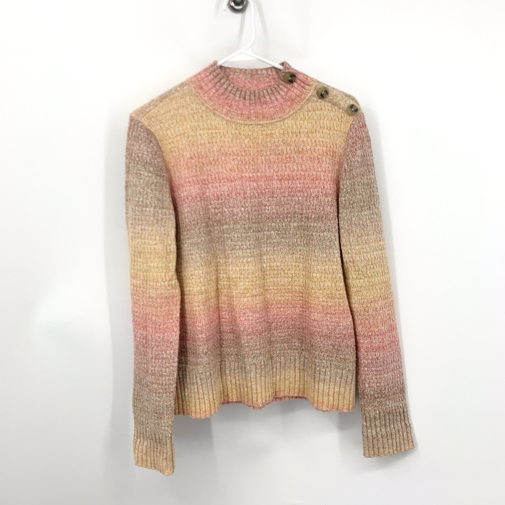 Talbots Women Size Small Sweater Pink Brown Stripe Knit Mock Neck Button‎ Top